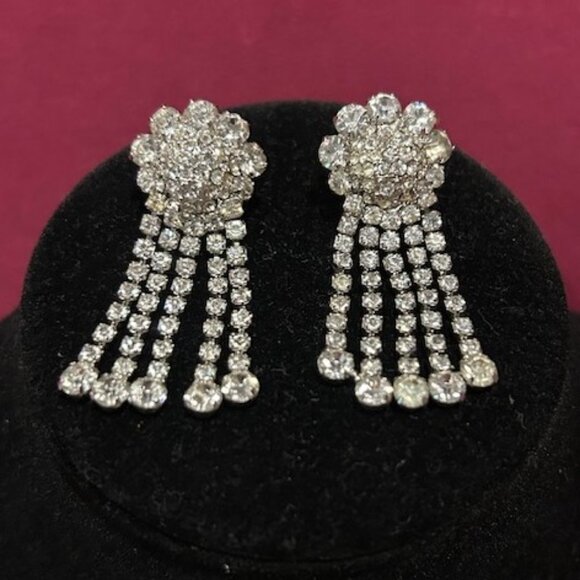 ALBERT WEISS Clear Rhinestone Dangling Black Tie Wedding EARRINGS - Picture 1 of 10